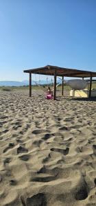 a person sitting under a picnic table on a beach at Sabina Olive bungalow in Ulcinj