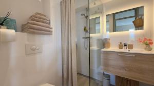 a bathroom with a shower and a sink and a mirror at Tulipa Near Beach & Dunes with Free Parking in Noordwijkerhout