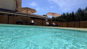 a swimming pool with chairs and umbrellas at Hôtel Paris Madrid avec Piscine et restauration in Lesperon