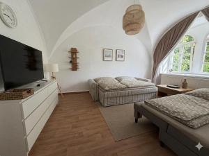 a living room with a bed and a couch at Gipfelglück Sebnitz Apartment in Sebnitz