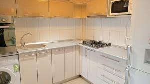 eine Küche mit weißen Schränken und einem Herd mit Backofen in der Unterkunft FabiRooms in Bukarest