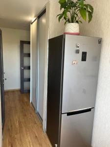 a refrigerator with a potted plant on top of it at Deividas apart in Vilnius