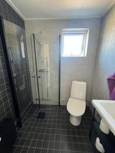 a bathroom with a toilet and a shower and a window at Tiny house with lake view in Hammarö