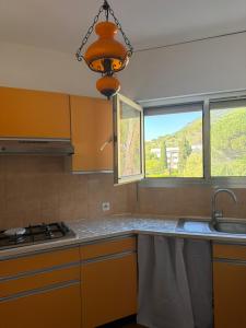 a kitchen with yellow cabinets and a sink and a light at Appartement sagone in Coggia