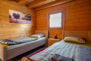 a bedroom with two beds in a log cabin at Waldsiedlung - Haus 11 in Senftenberg