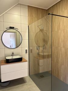 a bathroom with a shower with a sink and a mirror at Agroturystyka Borów - pokoje in Prusice +40 photos