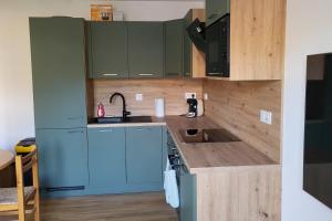 a kitchen with blue cabinets and a sink at Charming apartment overlooking the valley in Briançon