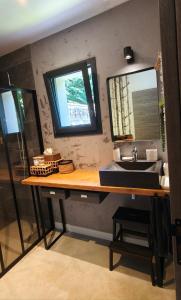 a bathroom with a sink and a mirror at Gîte des Bartavelles in Saint-Didier