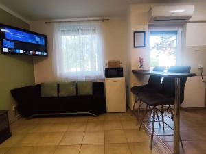 a living room with a couch and a table at Erkel apartman in Harkány +8 photos