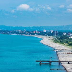 a view of a beach with a pier in the water at Hotel Tamarastan in Kobuleti