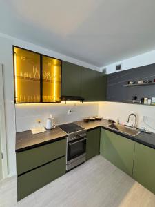 a kitchen with green cabinets and a sink at Cozy Apartment newly furnished in Ulaanbaatar