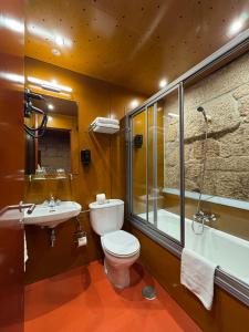 a bathroom with a toilet and a sink and a shower at Pousada Torre Lombarda in Allariz +27 photos