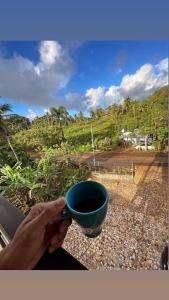 a person holding a blue cup in their hand at Xamanai Playa Rincón III in Las Galeras