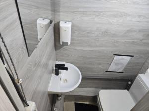 a small bathroom with a sink and a toilet at Chip Central Host in Chişinău