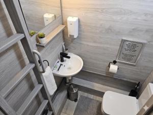 a small bathroom with a toilet and a sink at Chip Central Host in Chişinău
