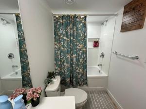 a bathroom with a toilet and a shower curtain at Cosy and Cute Private Basement Suite in Winnipeg