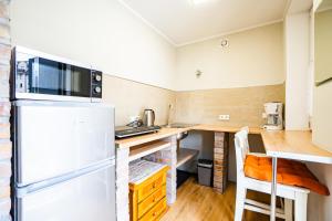 a kitchen with a refrigerator and a counter at Dwie Sowy by Baltic Home in Międzyzdroje +20 photos