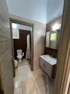 a bathroom with a toilet and a sink and a mirror at Priona Rooms in Paralía Skotínis +46 photos