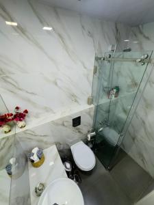 a bathroom with a shower and a toilet and a sink at Railway Studio 2 - Modern Studio in Byblos - Easy city Access in Jbeil