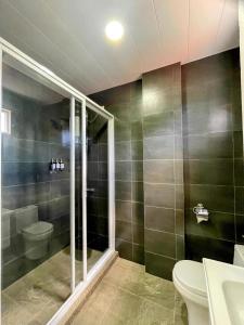 a bathroom with a shower and a toilet at KRUEGERs Cottage in Sipalay +74 photos