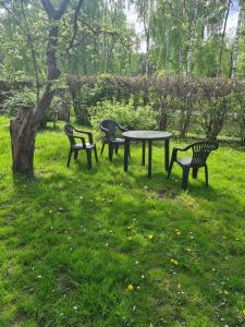 three benches sitting around a table in a park at Peaceful Cottage With Garden in Saulkrasti