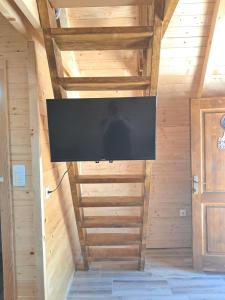 a flat screen tv in a room with wooden walls at Lake house Andrej & Andrea in Kuside