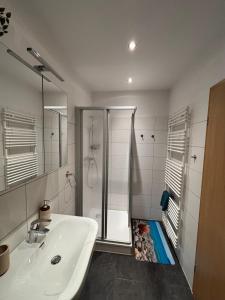 a bathroom with a shower and a sink and a tub at Waldvilla in Bad Schandau