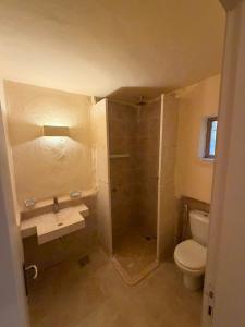 a small bathroom with a toilet and a shower at Mawasem Dana in Dana