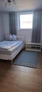 a bedroom with a bed and a window and a rug at FIRMENWOHNUNG Monteurunterkunft in Weng