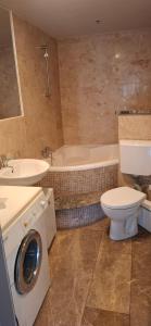 a bathroom with a toilet and a tub and a washing machine at FIRMENWOHNUNG Monteurunterkunft in Weng