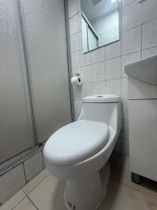 a white bathroom with a toilet and a shower at Hotel boutique Blanca Gazza in Arica +2 photos