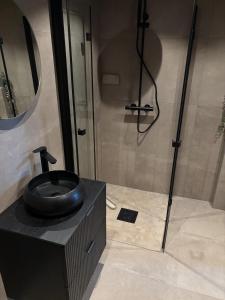 a bathroom with a black sink and a shower at Nisserstrand Hytte mit WLAN und Sauna direkt am See in Treungen +32 photos
