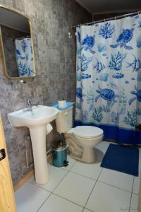 a bathroom with a sink and a toilet and a shower curtain at Hostal Urenda in Los Ángeles +8 photos