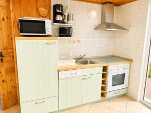 a small kitchen with a sink and a microwave at Reetdachtraum in Middelhagen +20 photos