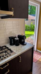 a kitchen counter with a stove and a sink at Panterhuis Leo l Tiny House l Buitenbad, airco, speeltuin, bostuin in Epe