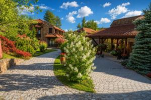 a pathway in front of a house with a flowering bush at Aurora Resort & Spa in Berovo