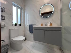 a bathroom with a toilet and a sink and a mirror at Pergola Penthouse Xaghra in Xagħra +21 photos
