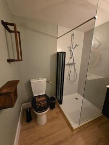 a bathroom with a toilet and a glass shower at L'Écrin Historique - Duplex - Vieux Chaumont in Chaumont