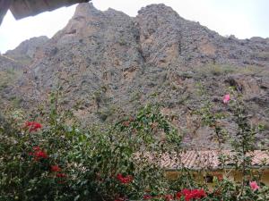 a mountain with red flowers in front of a building at Pinkuylluna Lodge in Ollantaytambo +3 photos