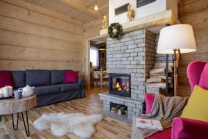 a living room with a couch and a fireplace at Tatra Wood House in Zakopane