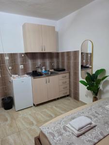 a kitchen with a sink and a white refrigerator at Apartmani Tina in Sutomore +19 photos