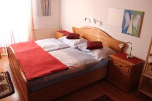 ein Schlafzimmer mit einem Bett mit einer roten Decke darauf in der Unterkunft Ferienwohnung Bliem in Altenmarkt im Pongau