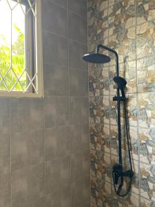 a shower in a bathroom with a stone wall at Golden hour tiny house in Arusha +37 photos