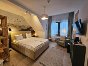 a bedroom with a bed and a couch and a tv at Vila Salt & Soul in Sovata