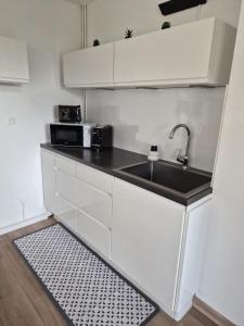 a white kitchen with a sink and a microwave at Le recantou duplex in Marseillan