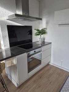 a kitchen with a stainless steel stove top oven at Le recantou duplex in Marseillan