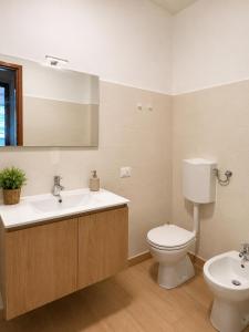 a bathroom with a sink and a toilet and a mirror at Nuara Urban Loft in Novara
