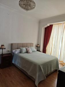 a bedroom with a bed with a green comforter at Apartamento Leal Ferrol in Ferrol