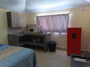 a bedroom with a bed and a desk with a microwave at Hotel Marina Loreto in Loreto