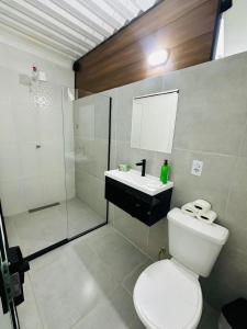 a bathroom with a toilet and a shower and a sink at Sítio Vivendas in Itaipava
